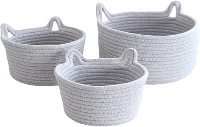 Katoenen touw-opbergmand met kattenoren, multifunctionele organizer voor kinderkamer en badkamer, grijs, M, 21 x 12 cm, stapelbaar en veelzijdig