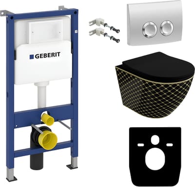 Inbouwreservoir Complete Toiletset Geberit Duofix Basic - Inbouw WC Hangtoilet Wandcloset SOFI SLIM BLACK NIGHT Zwart/Gaude - Bedieningsplaat DELTA Chroom Rund - Voorwandelement - Installatiesysteem