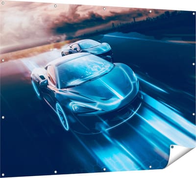Gards Tuinposter Twee Raceauto's - Abstract - 160x120 cm - Tuindoek - Tuindecoratie - Wanddecoratie buiten - Tuinschilderij