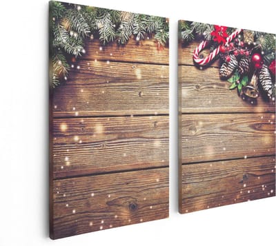Artaza Canvas Schilderij Tweeluik Kerst Sfeer Achtergrond Met Dennenbomen  - 80x60 - Foto Op Canvas - Canvas Print