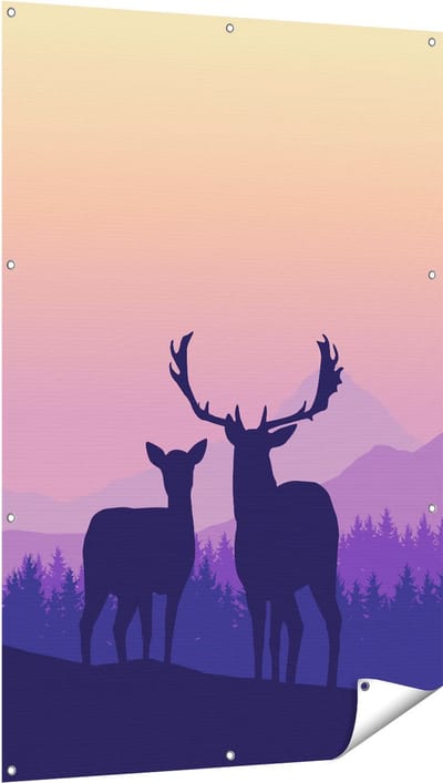 Gards Tuinposter Twee Herten - Zonsondergang - Silhouet - 100x150 cm - Tuindoek - Tuindecoratie - Wanddecoratie buiten - Tuinschilderij