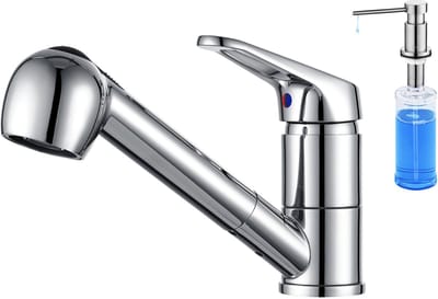 Auralum max Keukenkraan - Met uittrekbare handdouche en 2 straalsoorten - Met Zeepdispenser 300ML - Uittrekbaar - Mengkraan - Zilver - RVS