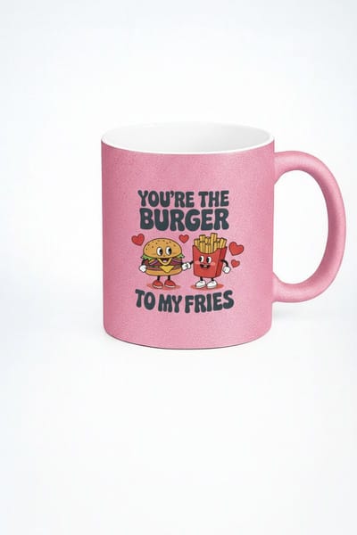 Roze Glitter Mok 'You're the Burger to My Fries' - Liefdes Koffiemok met Burger & Friet Design - Romantisch Cadeau voor Valentijn & Jubileum