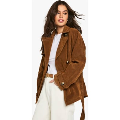 boohoo Dames Suede-look korte trenchcoat met riem | Brown | Maat: 8