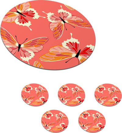 Onderzetters voor glazen - Rond - Vlinders - Patronen - Roze - 10x10 cm - Glasonderzetters - 6 stuks