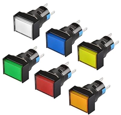 Drukknopschakelaar 16 mm met vergrendeling, 1NO 1NC, rood, blauw, geel, wit, groen, oranje, ledverlichting 12 V