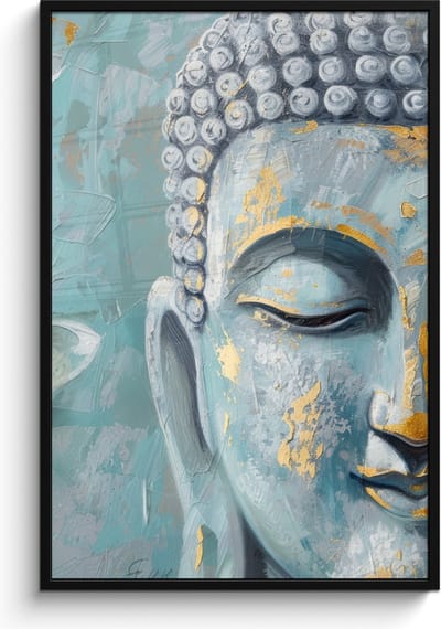 Poster in lijst - Fotolijst 80x120 cm - Posters - Boeddha - Bloem - Lotus - Goud - Blauw - Posterlijst zwart - Decoratie - Wanddecoratie woonkamer - Muurdecoratie slaapkamer