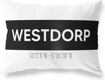 Tuinkussen WESTDORP - DRENTHE met coördinaten - Buitenkussen - Bootkussen - Weerbestendig - Jouw Plaats - Studio216 - Modern - Zwart-Wit - 50x30cm