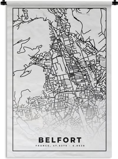 Wandkleed - Wanddoek - Stadskaart - Belfort - Plattegrond - Kaart - Frankrijk - Zwart wit - 120x180 cm - Wandtapijt