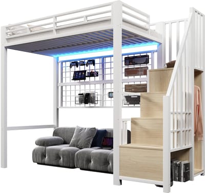 Hoogslaper 90 x 200 cm - met kledingkast - opbergtrap - beschermrail - met LED-verlichting - zonder matras - wit