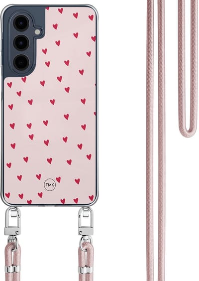 Telefoonhoesje met koord geschikt voor Samsung A16 - Cute hearts - Inclusief Rosegoud koord - Transparant, Roze - Print - Crossbody beschermhoes - Met Telefoonketting