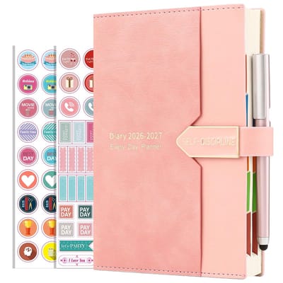 Dailygoods- Dagboek A5 - Academisch 2026-2027 - Dagelijkse Planner - Maandweergave - Kunstlederen Hoes - 80GSM Ivoor Papier