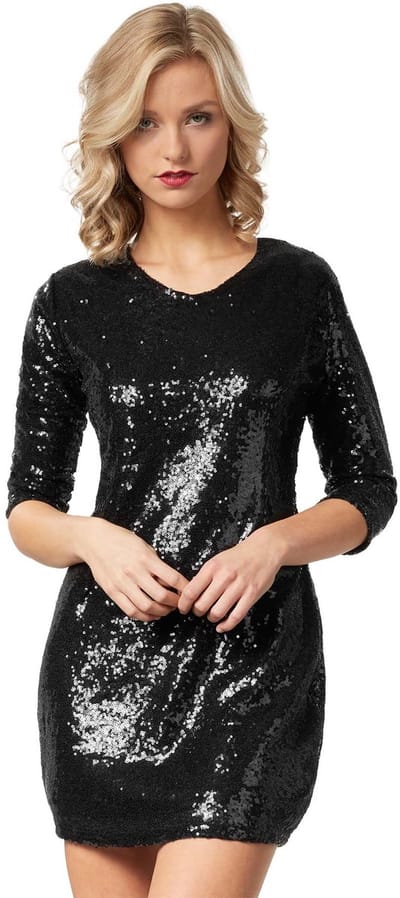 dressforfun - Paillettenjurk met lange mouwen zwart S - verkleedkleding kostuum halloween verkleden feestkleding carnavalskleding carnaval feestkledij partykleding - 303786