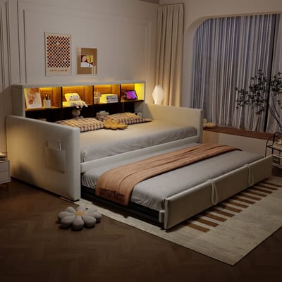 MODENUIT Slaapbank 90x190 cm – Uitschuifbaar bed – Hoofdbord met opbergruimte, LED en laadpoorten – Zonder matras – Beige