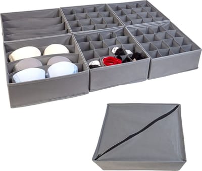 Intirilife opbergboxen organizersysteem 6-delig voor laden gemaakt in grijs - Twee 4-compartiment boxen 33x26x11 / Vier 16-compartiment boxen 28,5x26x11 cm - Opvouwbare organizer voor ondergoed sokken