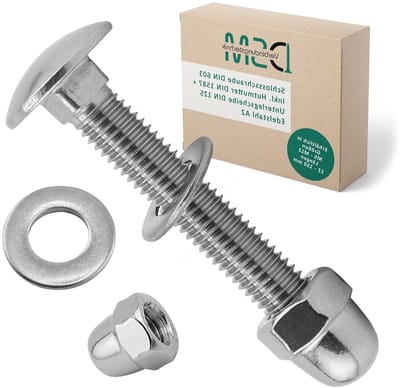 DSM – Slotbouten M8 x 150 mm volgens DIN 603 – M8 moer met hoepel DIN 1587 & sluitring DIN 125 – roestvrij staal A2/V2A – volledige schroefdraad – platte roestvrijstalen schroeven met vierkante aanzet