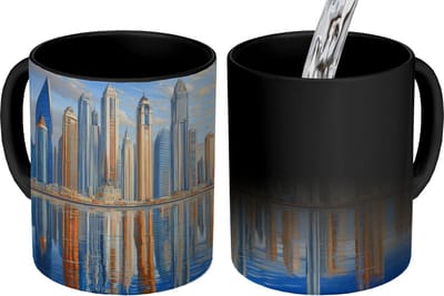 Magische Mok - Foto op Warmte Mokken - Koffiemok - Skyline - Wolkenkrabbers - Water - Blauw - Magic Mok - Beker - 350 ML - Theemok