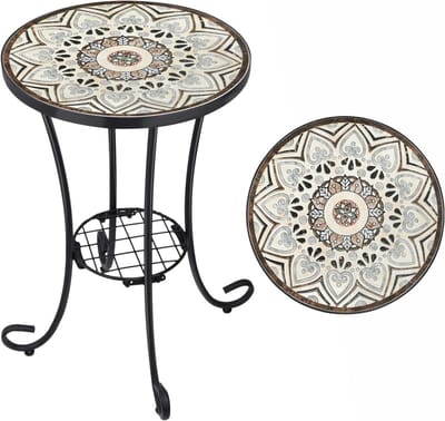 Mozaïek Bijzettafel - Terras Tafel Accent - Buiten Ontspannen - Handgemaakt Mozaïekblad - 35x55cm - Rond