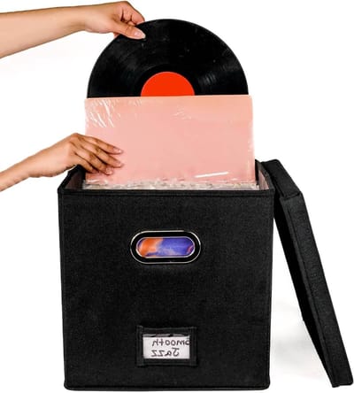 Record Holder Box, albumkrat met deksel en handvat - decoratieve verhuisdoos, kast organizer koffer voor 50+ 12-inch platen, bescherm uw kostbare collectie