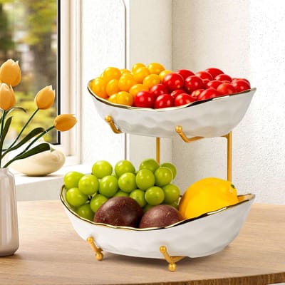Tweelaags Fruitmand - Keramische Schaal - Aanrecht Organisatie - Ruimtebesparend Ontwerp - 26.9 x 23.1 cm - Wit