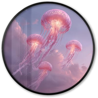 Poster in lijst Rond - Fotolijst 60x60 cm - Posters - Kwallen - Roze - Wolken - Ronde posterlijst zwart - Decoratie - Wanddecoratie woonkamer - Muurdecoratie slaapkamer
