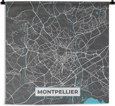 Wandkleed - Wanddoek - Montpellier - Kaart - Plattegrond - Stadskaart - Frankrijk - 180x180 cm - Wandtapijt