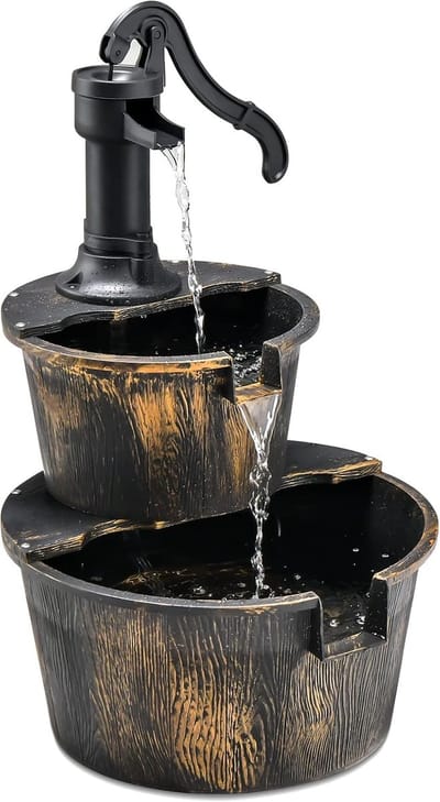 KOMFOTTEU Tuinfontein, Decoratieve Fontein met Waterpomp, Vatenfontein Waterval, Houten Fontein Houten Emmer Decoratie, Waterpartij voor Tuin, Gazon, Terras & Achtertuin