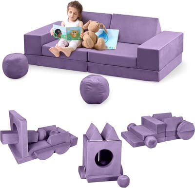 Kinderbank, 12-delig, speelbank van schuimrubber, bouwstenen met comfortabele suède, modulaire speelbank voor kinderen om te spelen,140x45x70CM (paars)