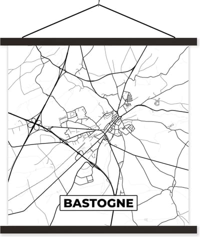 Posterhanger incl. Poster 60x60 cm - Schoolplaat - Zwart Wit – België – Plattegrond – Stadskaart – Kaart – Bastogne - Textielposter - Zwarte latten - Stadskaart