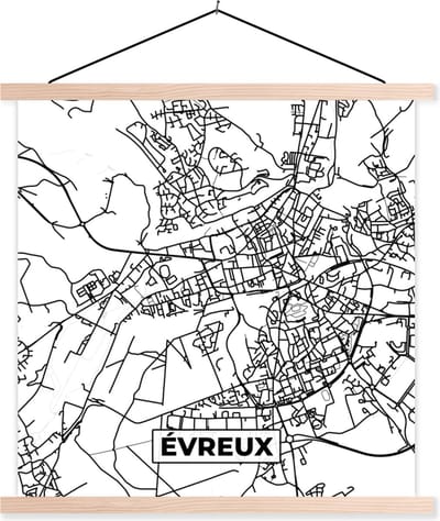 Posterhanger incl. Poster 40x40 cm - Schoolplaat - Stadskaart - Frankrijk - Évreux - Kaart - Plattegrond - Zwart wit - Textielposter - Blanke latten - Stadskaart