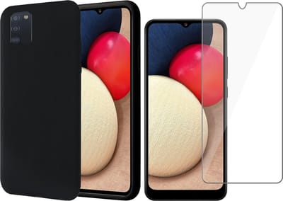 Hoesje geschikt voor Samsung A02s - Siliconen Case Cover Hoes Zwart + Screen Protector Glas