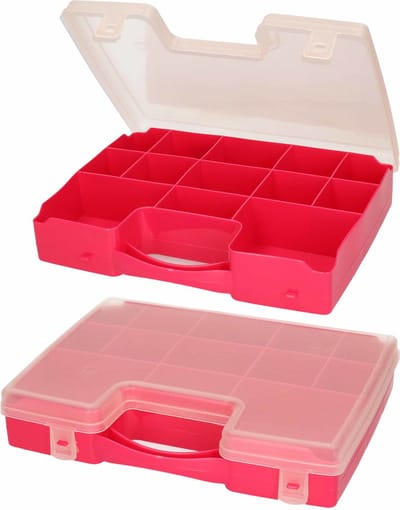 2x plasticforte opbergkoffertje - 13-vaks - roze - opbergkoffer - sorteer box - 27,5 x 20,5 x 3 cm