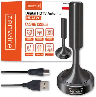 Zenwire HDAT20 Indoor TV Antenne - DVB-T2 HEVC H.265 - Kamerantenne voor Digitale TV - Full HD & 4K - Krachtige Signaalontvangst - Met 5 Meter Kabel - Zwart