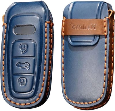 Leren Autosleutel Etui Geschikt voor Audi Q5 Q7 S5 S6 S7 S8 SQ5 RS5 RS7 A4 A5 A6 A7 A8 2010-2016 - Sleutelbescherming, Sleutelhanger, Blauw, 3 Sleutels