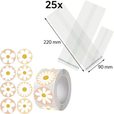 25x Uitdeelzakjes met Bloemen stickers | 220 x 90 mm | Traktatiezakjes | Kinderfeestje | Cellofaanzakjes | Cadeauzakjes | Snoepzakjes | Plastic Zakjes | Uitdeelzakjes kinderen | Cadeauzakjes Kinderen | Verpakkingszakjes Uitdeelcadeaus