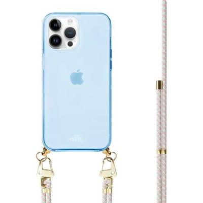 xoxo Wildhearts silicone case met koord - Blauw telefoonhoesje met koord - telefoonketting - Aqua Pink - Cord Case - geschikt voor Apple iPhone 14 Pro - Lichtblauw / Roze gestreept koord