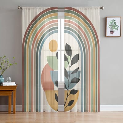 Regenboog Retro Middeleeuwse Geometrie Moderne Tule Gordijnen Voor Woonkamer Slaapkamer Huis Keuken Raam Transparante Gordijnen 135W x 114H(cm) white