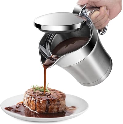 GELLDG Sauskan - Geïsoleerde juskan - Sauskan - Dubbelwandige geïsoleerde roestvrijstalen juskan - Met scharnierend deksel - Geschikt voor feestelijke diners - 450 ml - Zilver