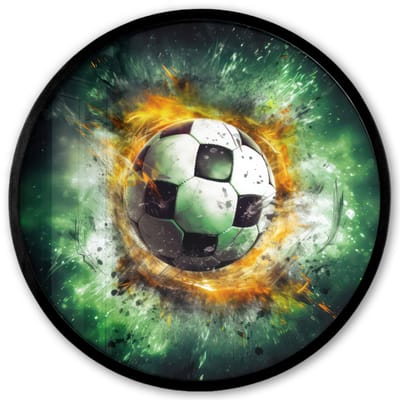Poster in lijst Rond - Fotolijst 40x40 cm - Posters - Bal - Voetbal - Groen - Oranje - Rook - Ronde posterlijst zwart - Decoratie - Wanddecoratie woonkamer - Muurdecoratie slaapkamer