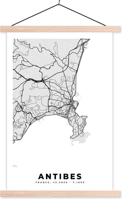 Posterhanger incl. Poster 40x60 cm - Schoolplaat - Frankrijk - Plattegrond - Kaart - Antibes - Stadskaart - Textielposter - Blanke latten - Stadskaart