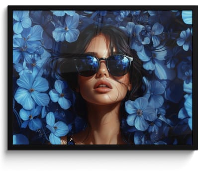 Poster in lijst - Fotolijst 70x50 cm - Posters - Vrouw - Blauw - Bloemen - Vlinders - Natuur - Posterlijst zwart - Decoratie - Wanddecoratie woonkamer - Muurdecoratie slaapkamer