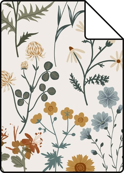 Proefstaal ESTAhome behang veldbloemen okergeel, vergrijsd groen en vintage blauw - 26.5 x 21 cm - 139391-S