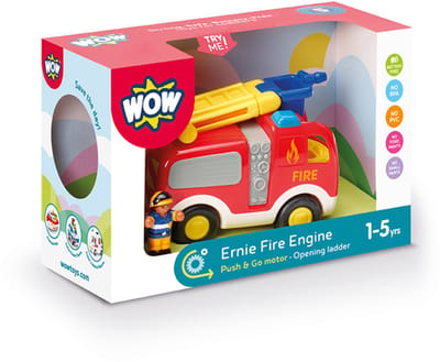 WOW Toys Ernie Fire Engine - Batterijloos Speelgoedvoertuig - Push & Go Brandweerwagen met Brandweerman & Uitschuifbare Ladder - BPA-Vrij & Vaatwasserbestendig - Vanaf 1 tot 5 Jaar