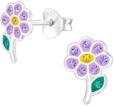 Joy|S - Zilveren bloem oorbellen - 6.9 x 9.1 mm - paars geel zilver met kristalletjes - bloemetje oorknoppen - kinderoorbellen