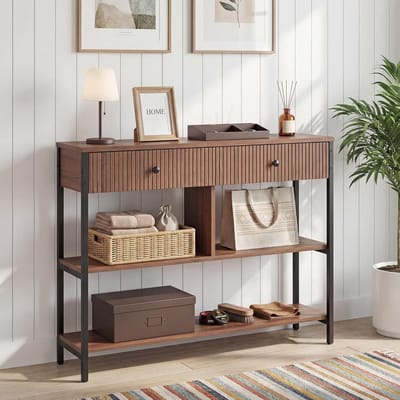 Dressoir Tafel met Laden 100 x 24 x 76 cm Walnoot Smalle Console Tafel met 2 Laden en 2 Planken Moderne Haltafel Opbergkast voor Woonkamer en Slaapkamer Bella