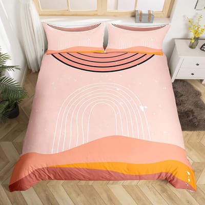 Abstracte Rode Zon Geometrische Lijnen Dekbedovertrek Esthetische Beddengoedset Vintage Minimalistisch Dekbedovertrek Modern Cirkel Quilt Dekbedovertrek EU single(135x200cm)