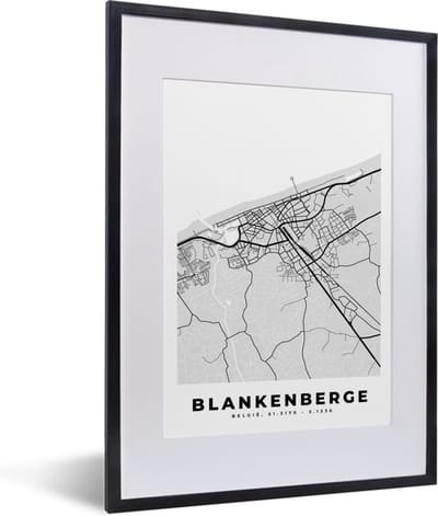Fotolijst incl. Poster Zwart Wit- Zwart Wit – België – Plattegrond – Stadskaart – Kaart – Blankenberge - 30x40 cm - Posterlijst