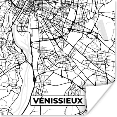 Poster Kaart - Stadskaart - Frankrijk - Plattegrond - Vénissieux - Zwart wit - 100x100 cm XXL