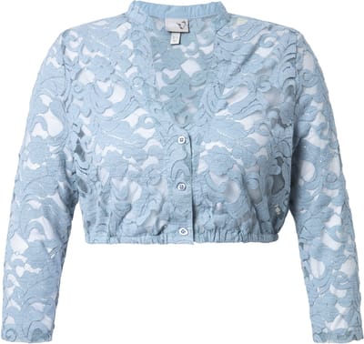 Ulla Popken - Dames - Dirndl blouse kant V-hals 3/4-mouw elastische zoom - Licht turkoois - Maat 58
