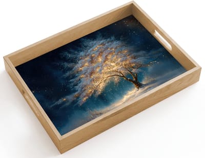 Dienblad hout 40x30 cm - Schootdienblad - Levensboom - Nacht - Donker - Blauw - Borrelplank rechthoek - Plateau dienbladen